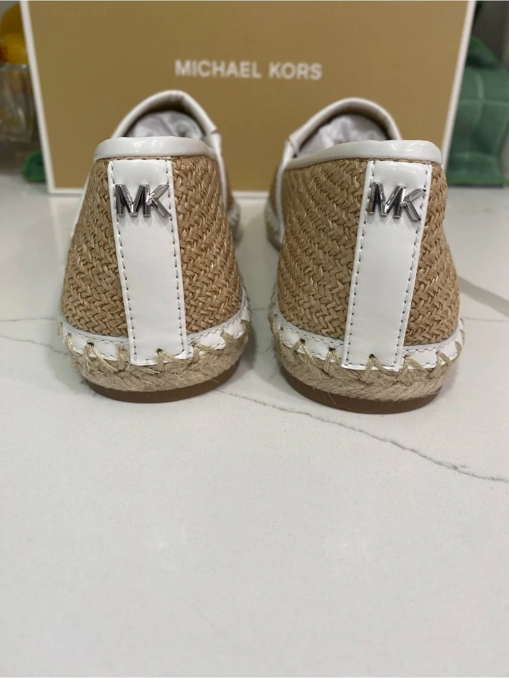 Michael Kors Tan Raffia Slip-On Loafers with White MK Emblem